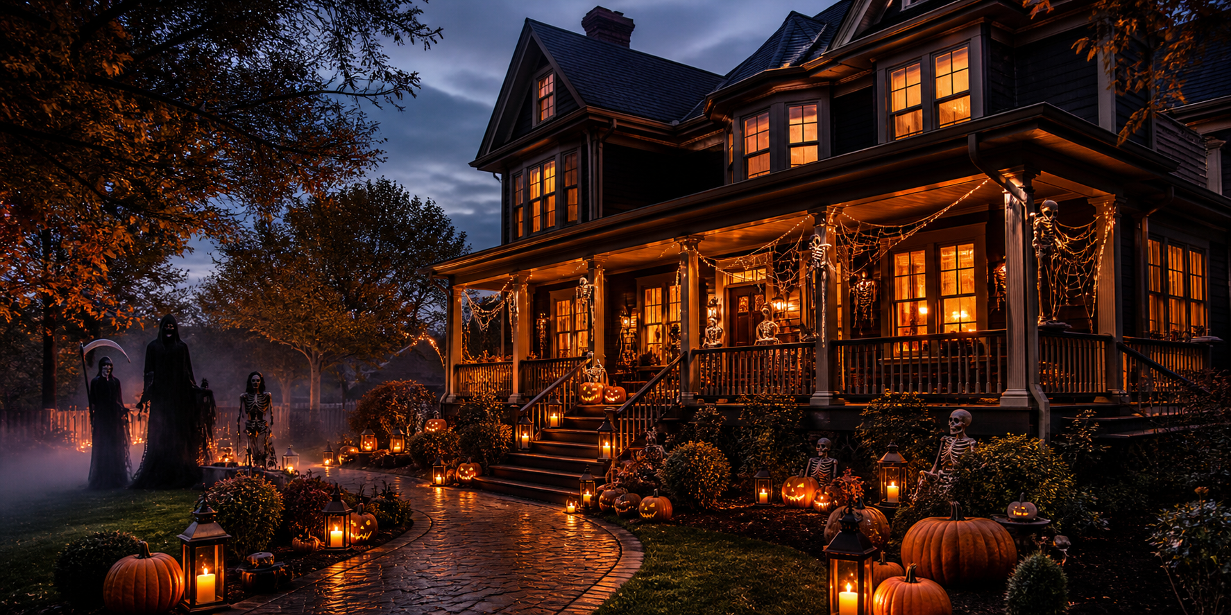Halloween-decorated home at dusk with pumpkins, skeletons and warm orange lanterns
