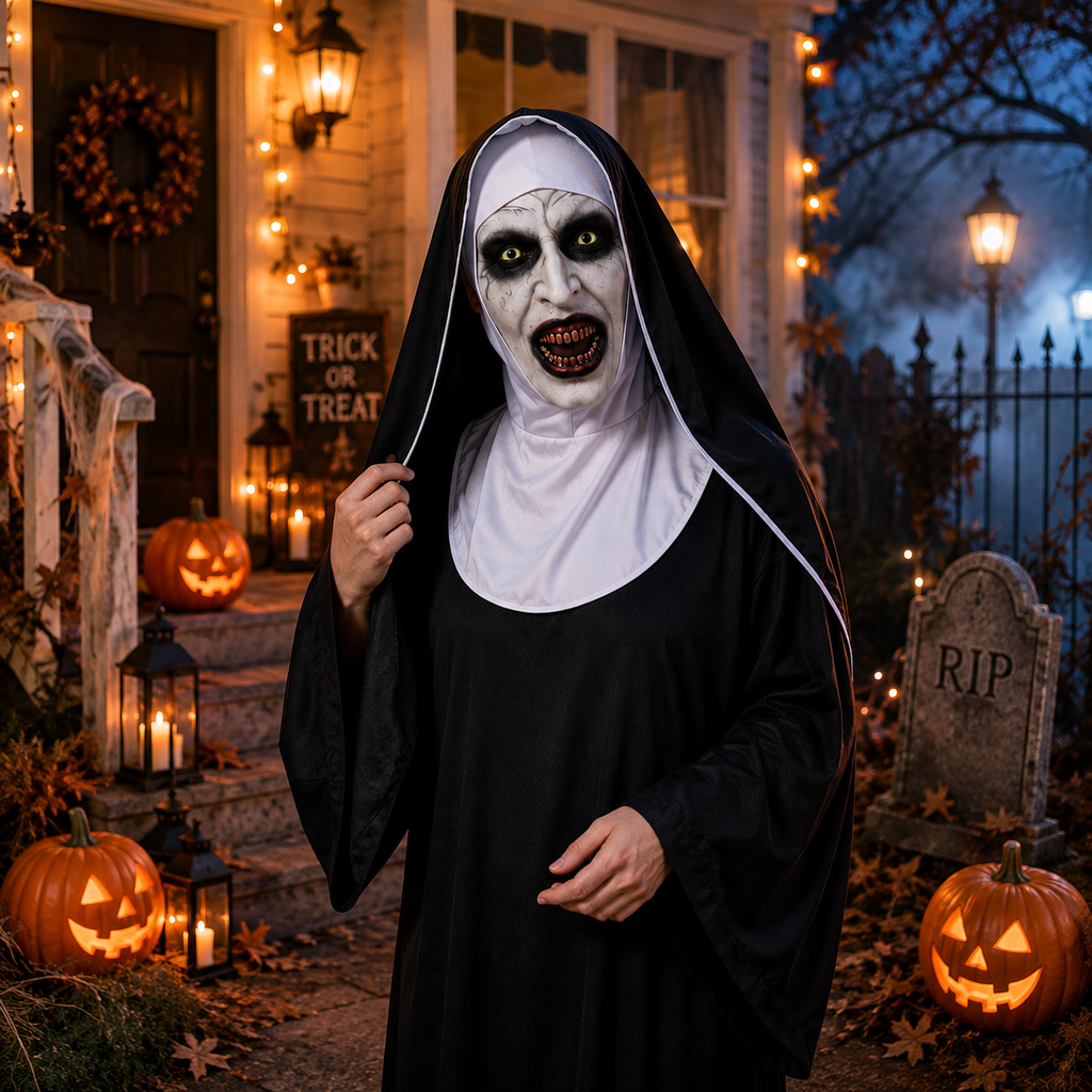 Glowing Demonic Nun Horror Mask – Halloween Costume