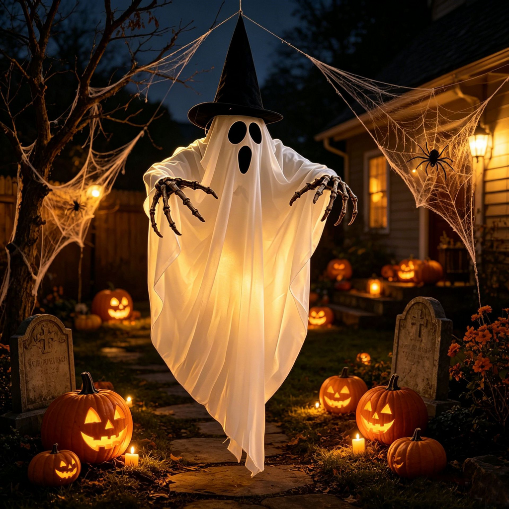 Fantôme suspendu lumineux avec chapeau de sorcière dans un décor d’Halloween – vue 1