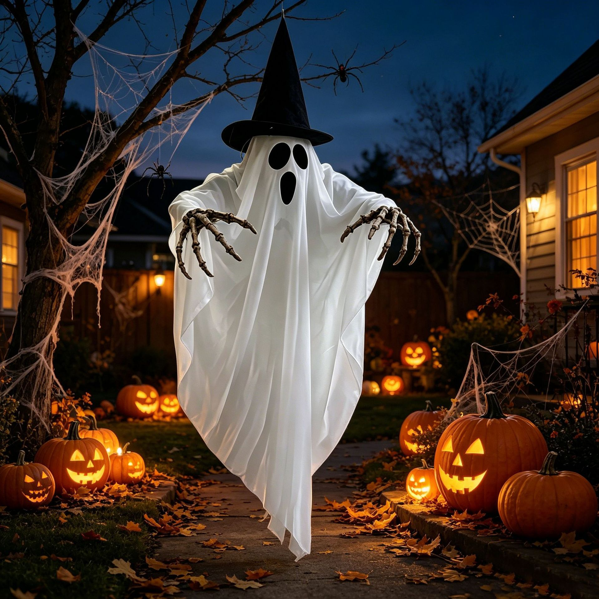 Fantôme suspendu lumineux avec chapeau de sorcière dans un décor d’Halloween – vue 2