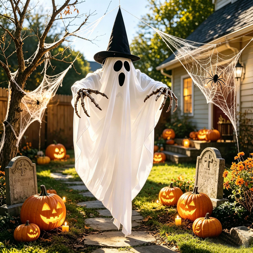 Fantôme suspendu lumineux avec chapeau de sorcière dans un décor d’Halloween – vue 3