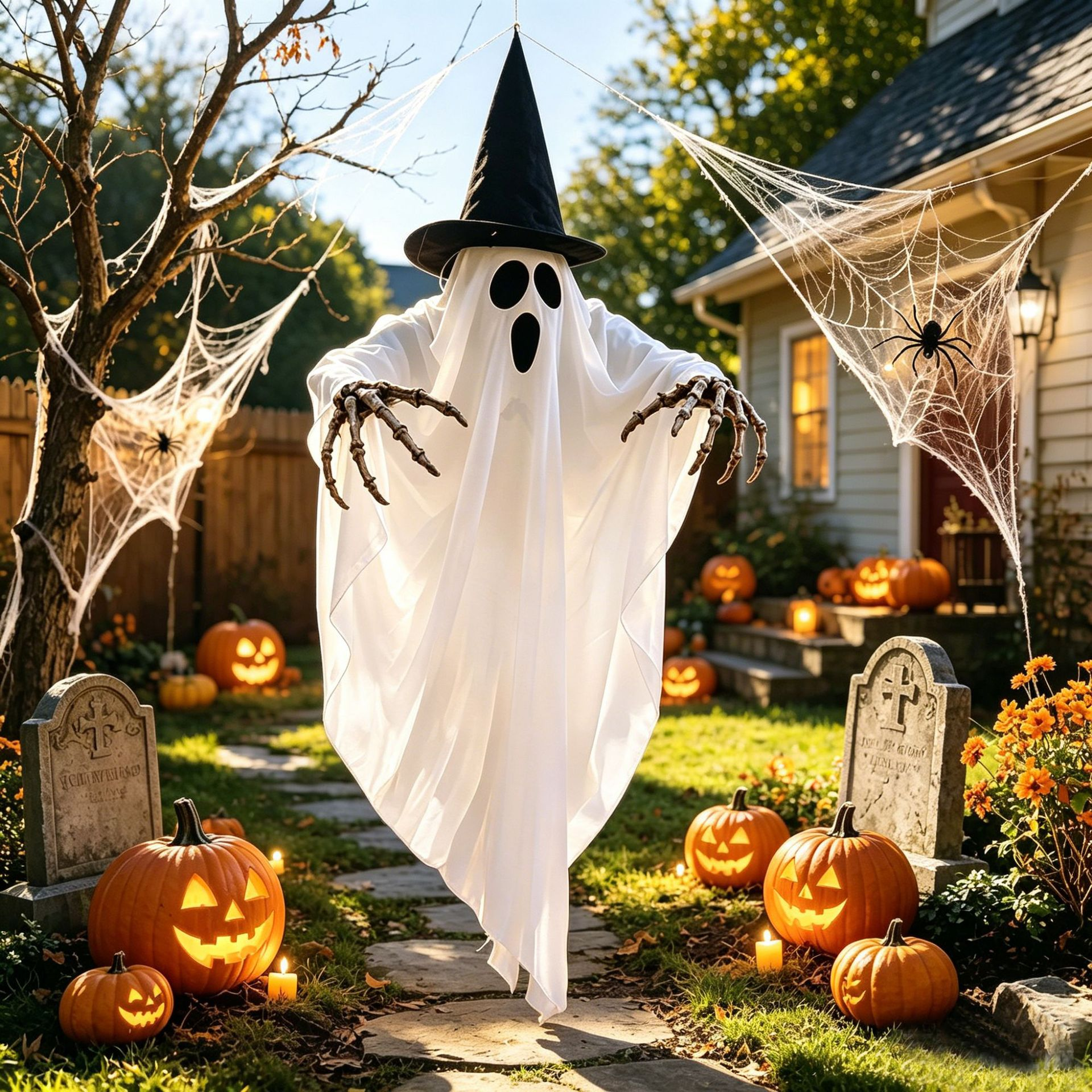 Fantôme suspendu lumineux avec chapeau de sorcière dans un décor d’Halloween – vue 3