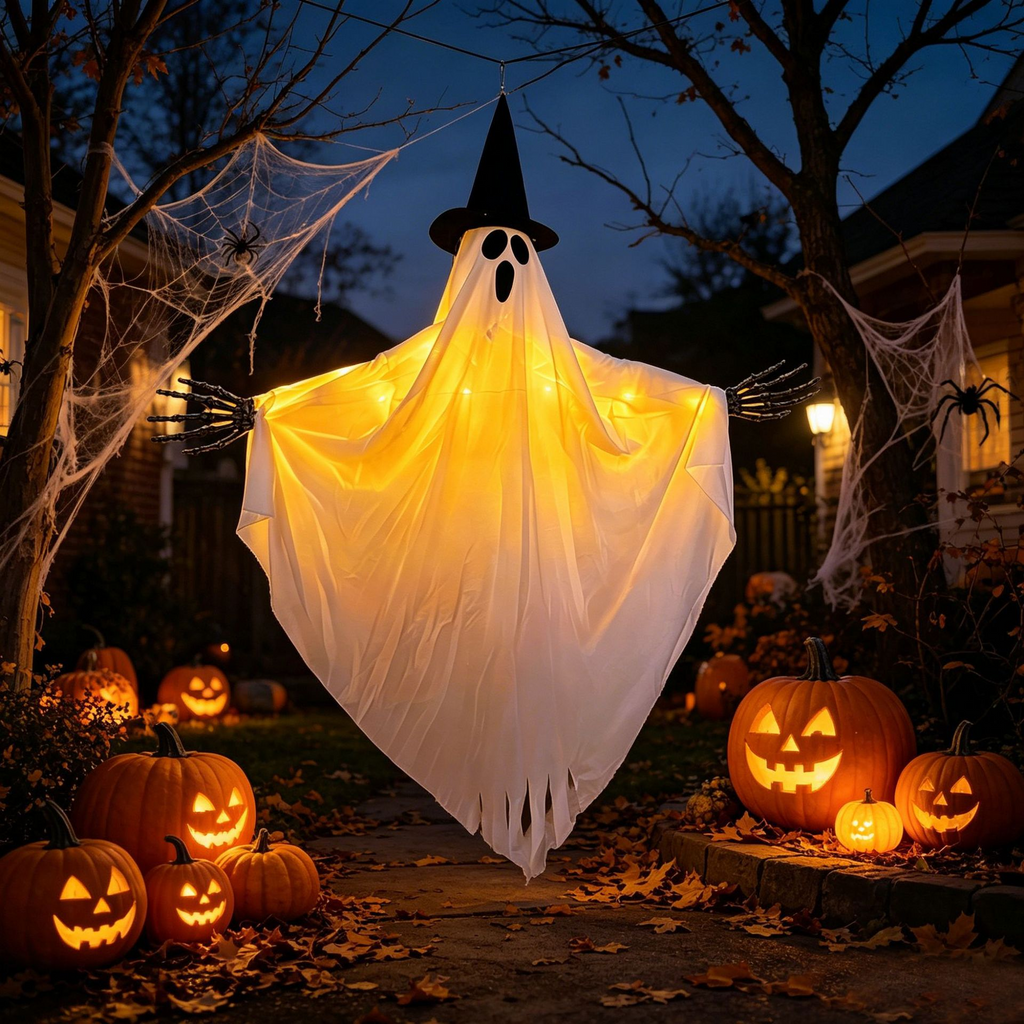 Fantôme suspendu lumineux avec chapeau de sorcière dans un décor d’Halloween – vue 4