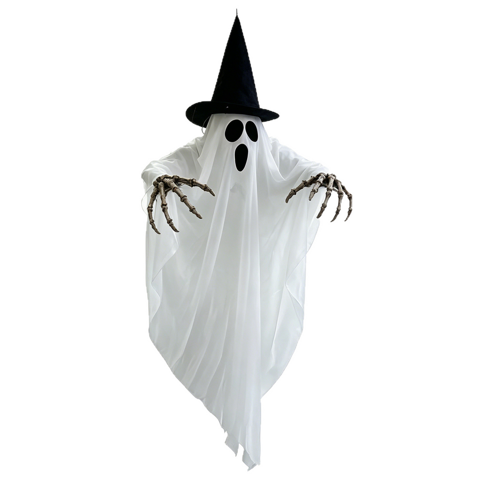 Fantôme suspendu lumineux avec chapeau de sorcière sur fond blanc