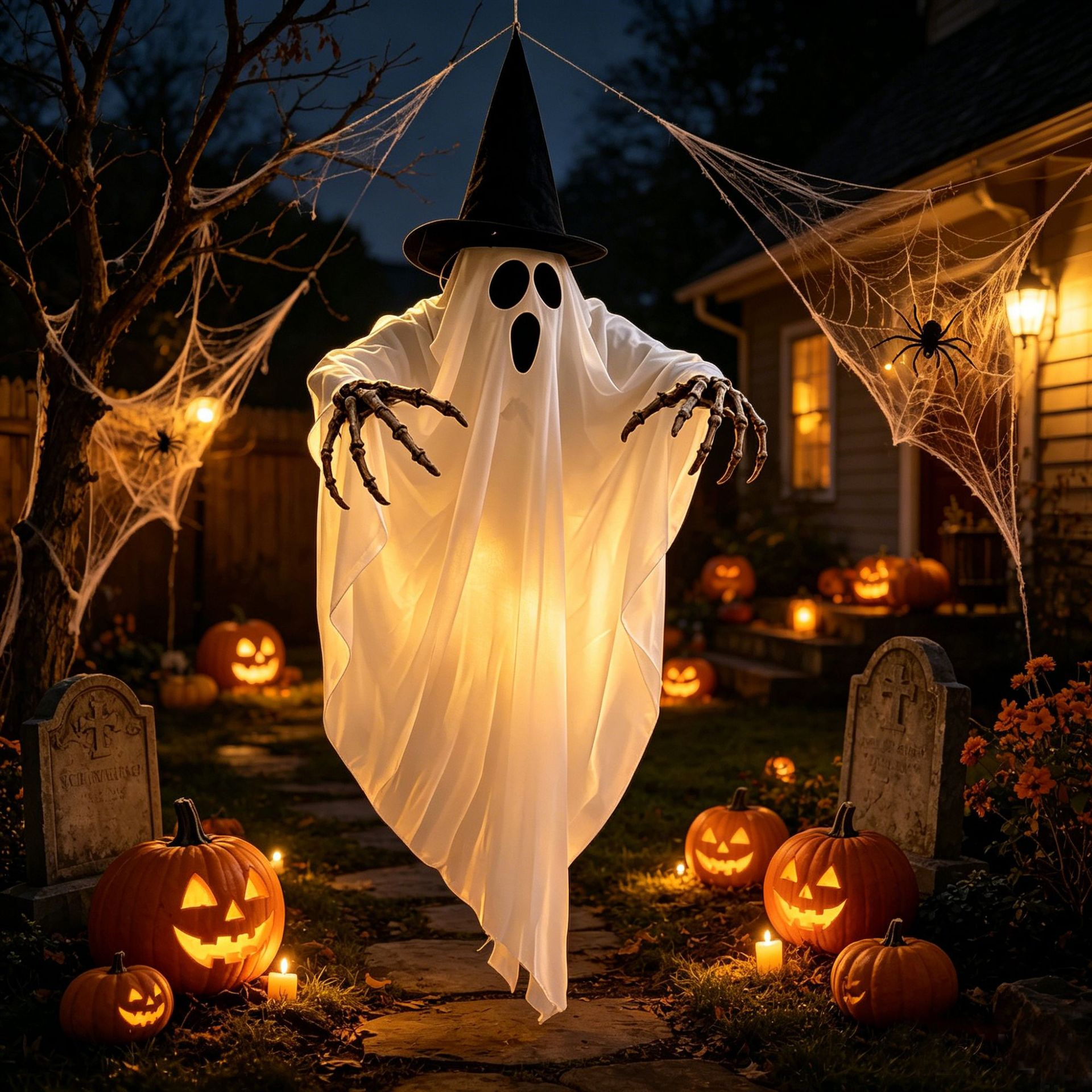 Fantôme suspendu lumineux avec chapeau de sorcière dans un décor d’Halloween – vue 6