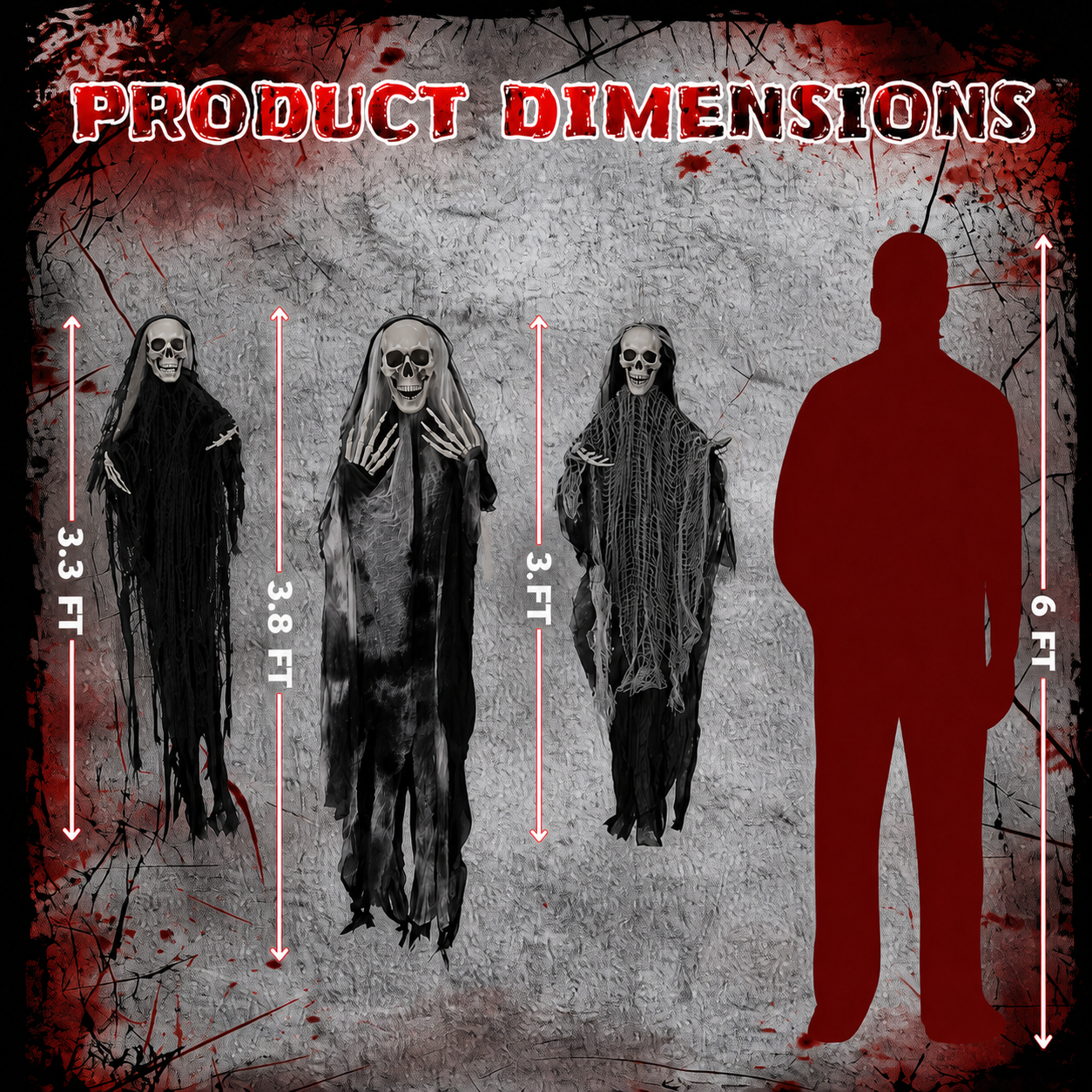 Three hanging Grim Reaper decorations with approximate heights of 3.3 ft, 3.8 ft, and 3 ft