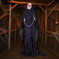 6FT animatronic Grim Reaper with glowing red eyes and chain in a haunted-house scene