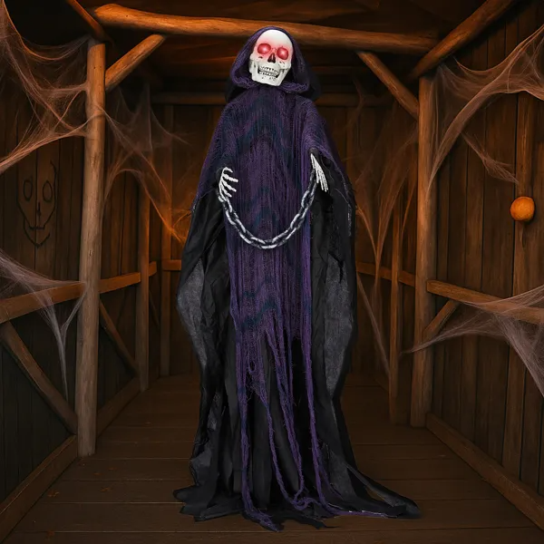 6FT animatronic Grim Reaper with glowing red eyes and chain in a haunted-house scene
