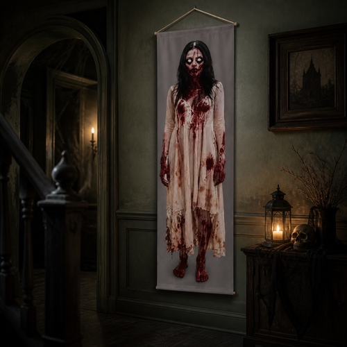 Bloody zombie woman fabric door banner in a haunted hallway