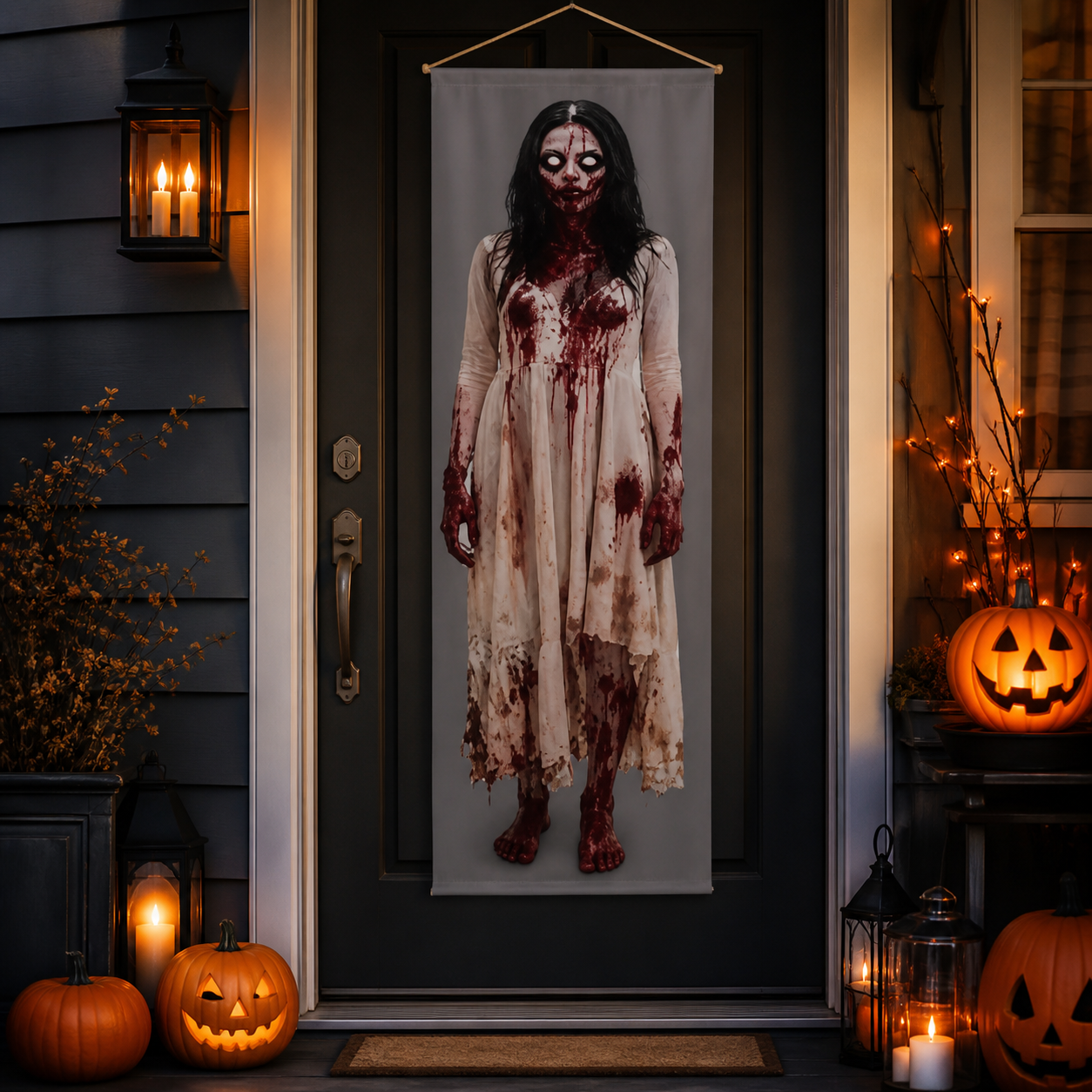 Bloody zombie woman Halloween door banner on a decorated front porch