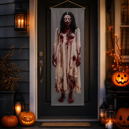 Bloody zombie woman Halloween door banner on a decorated front porch