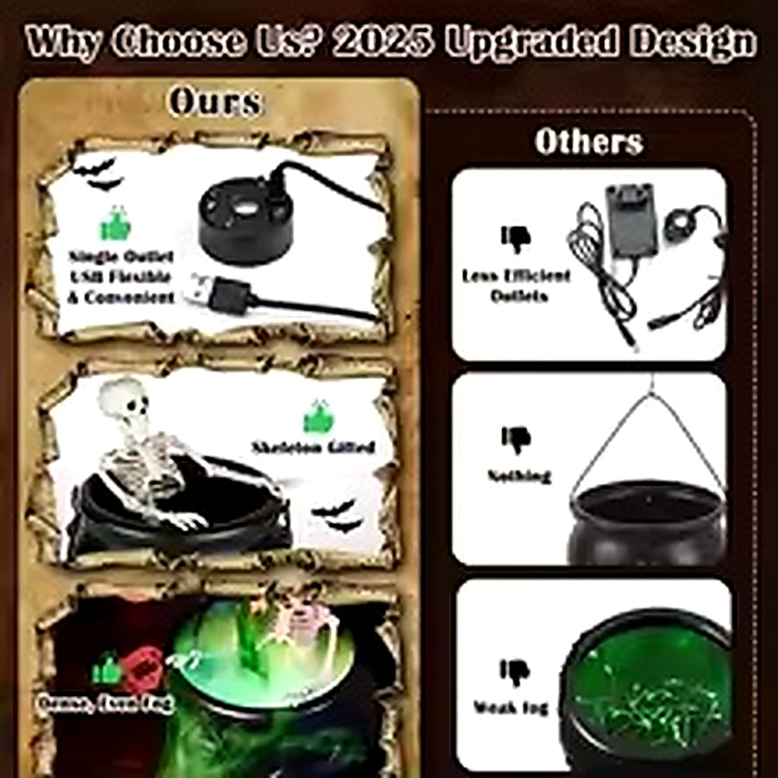 Features of haunted witch cauldron with skeleton and green mist effect