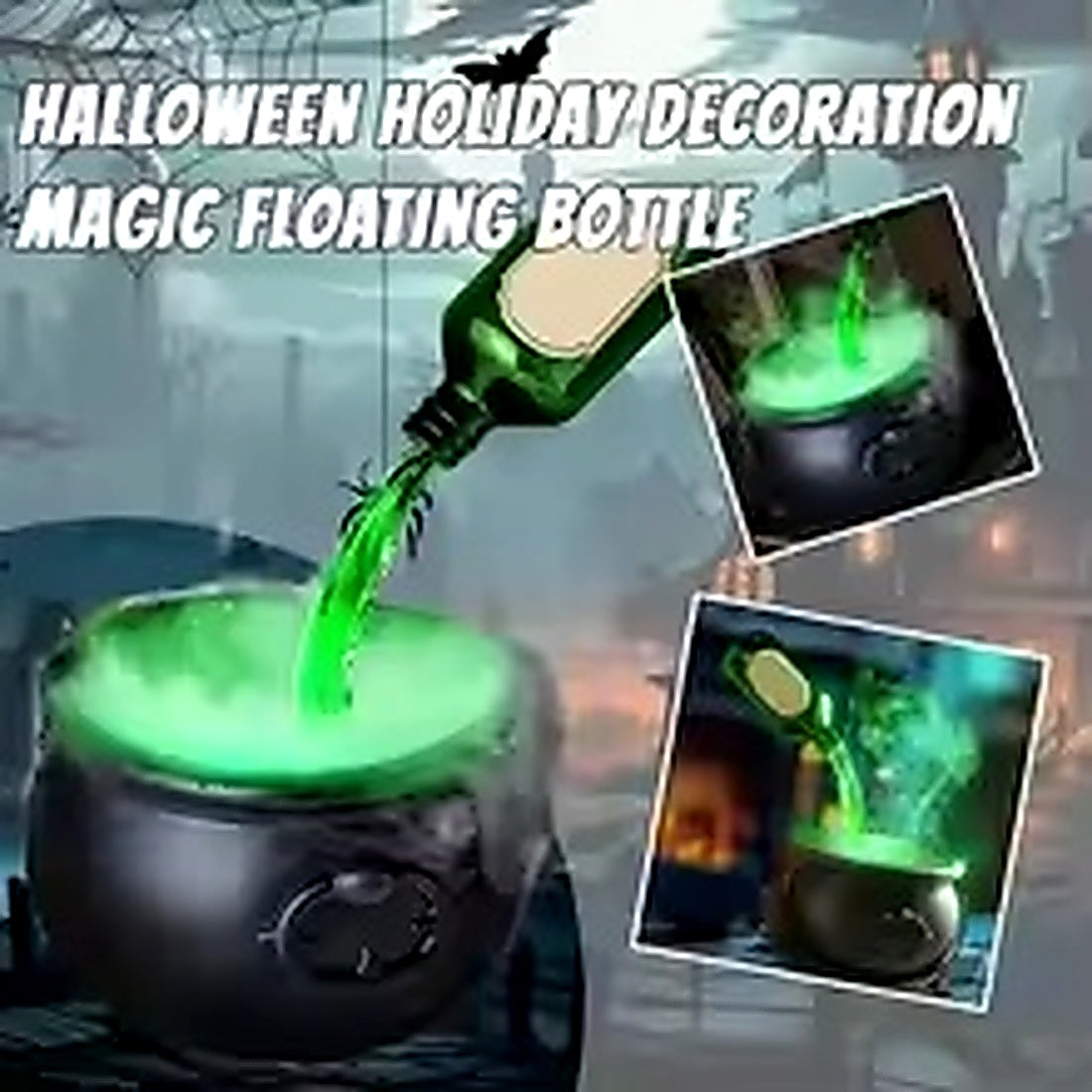 Glowing green skeleton rising from haunted witch cauldron Halloween decoration