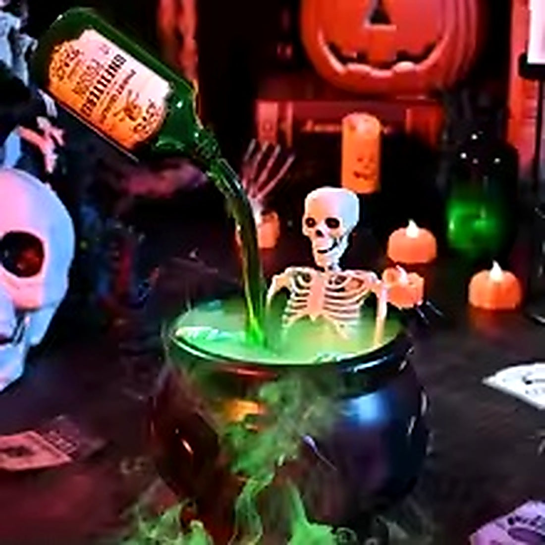 Skeleton witch cauldron Halloween decoration in spooky home setting