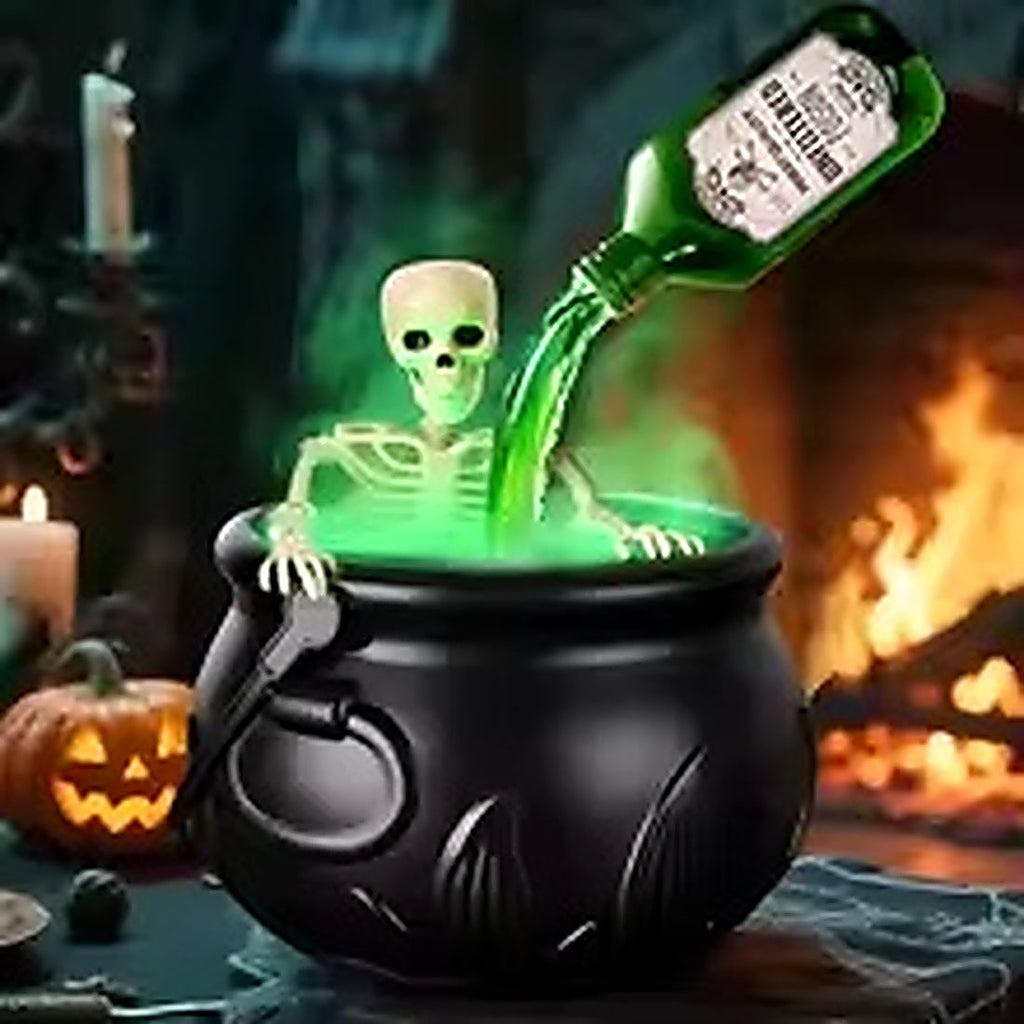 Haunted witch cauldron with skeleton and glowing green Halloween mist