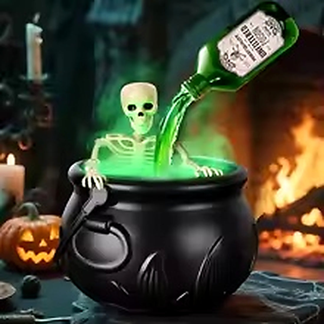 Haunted witch cauldron with skeleton and glowing green Halloween mist