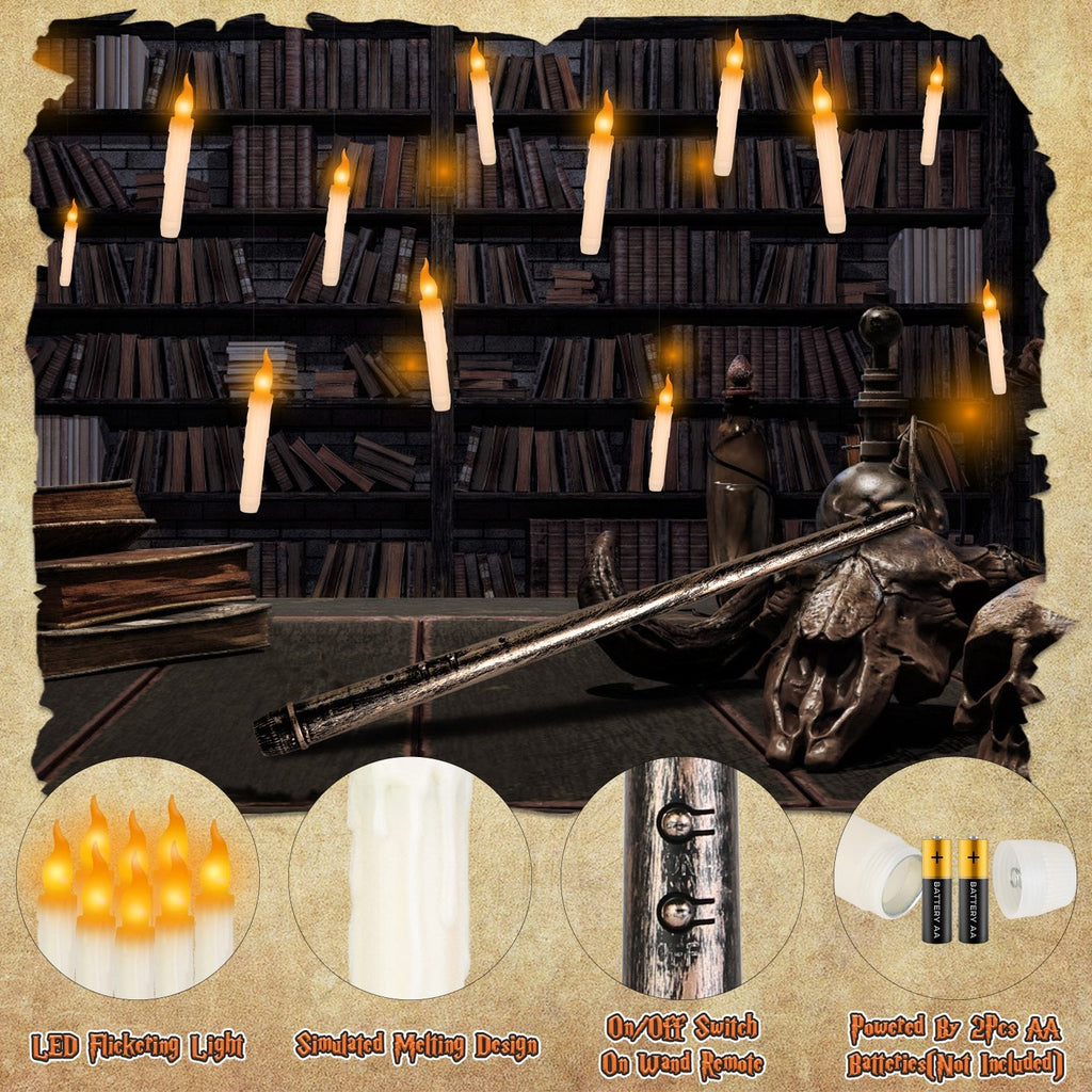 Floating candle set with flickering LED light and wand controls