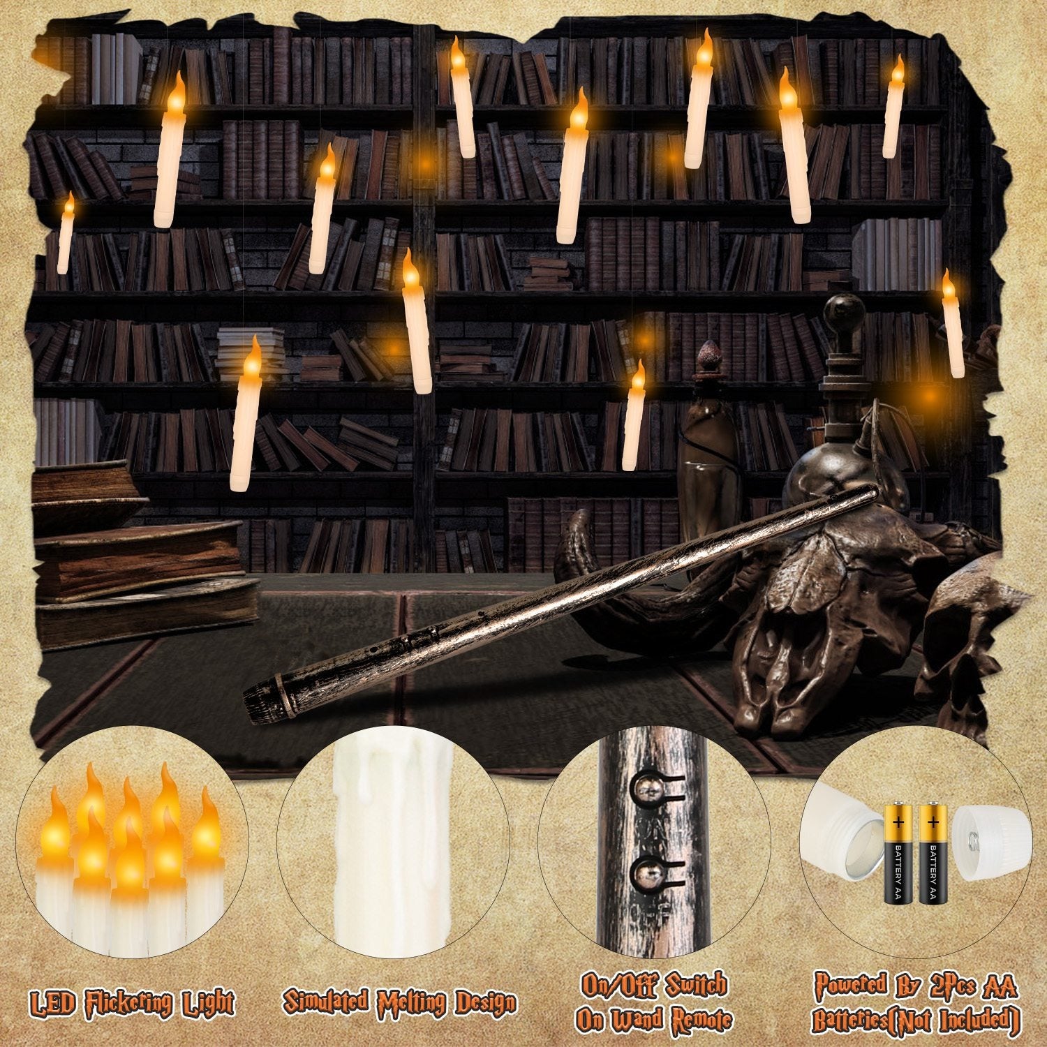 Floating candle set with flickering LED light and wand controls