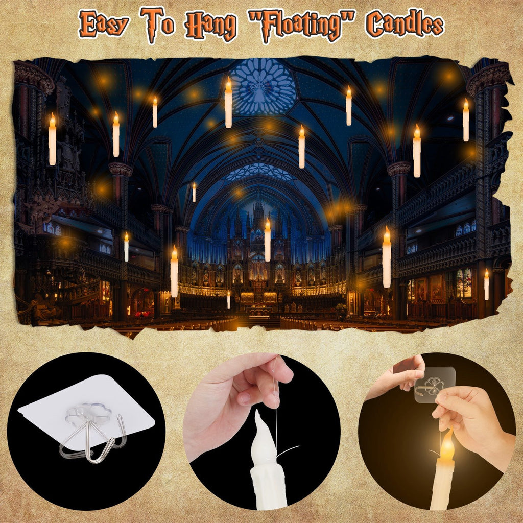 Floating LED candles with hanging hooks and transparent wire