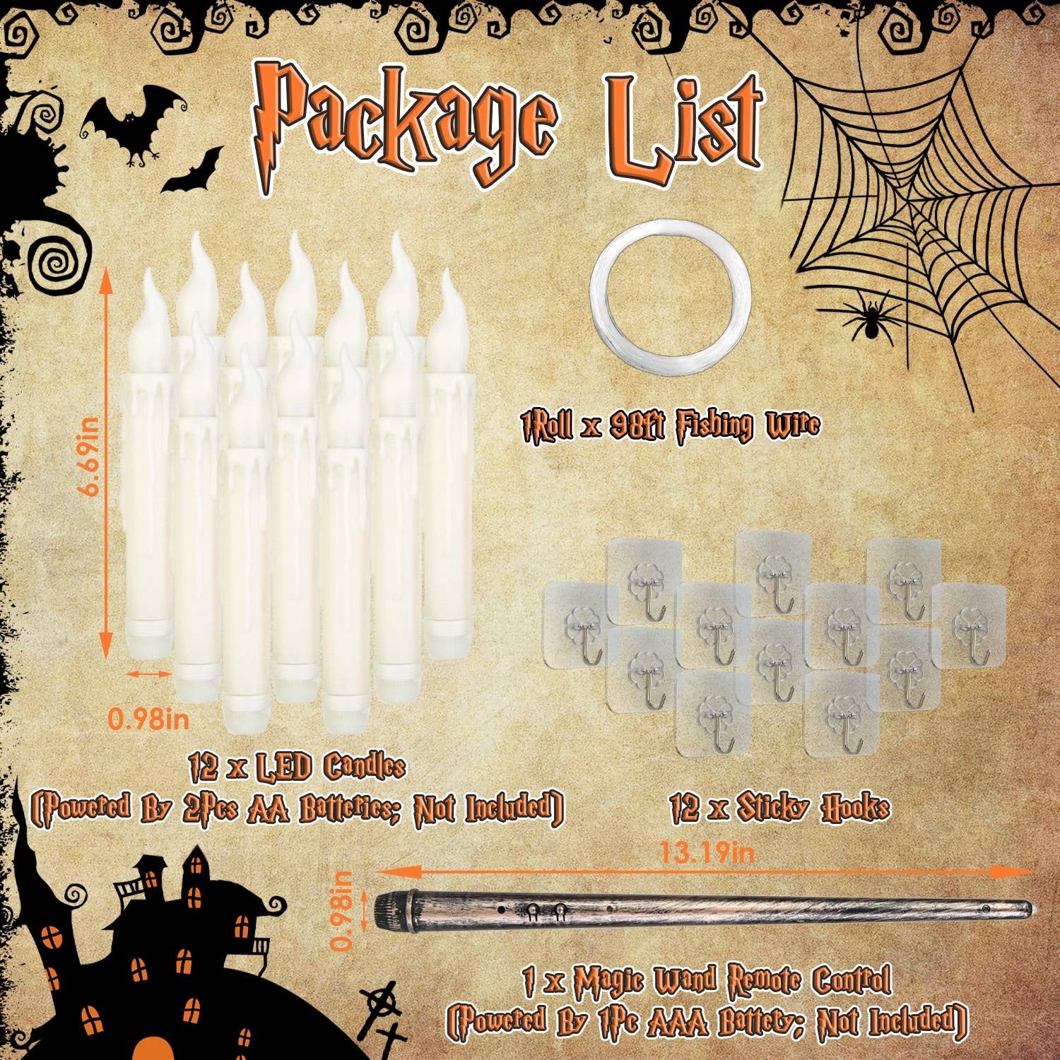 12 floating LED candles kit with magic wand hooks and fishing wire