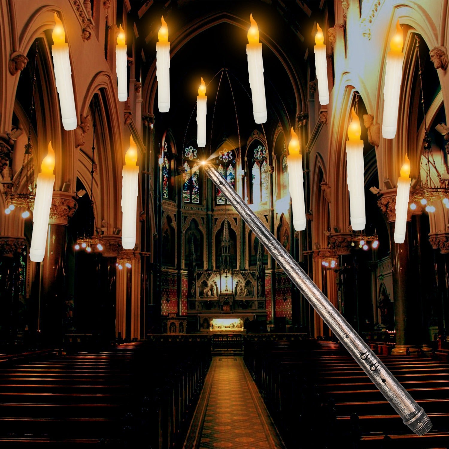 Floating LED candles controlled with magic wand