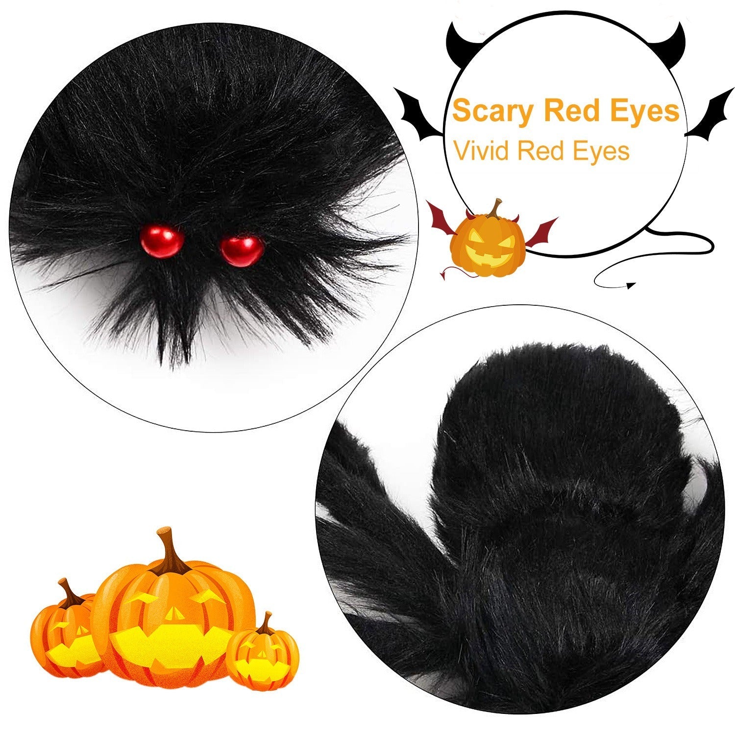 Close-up of furry black Halloween spider with vivid red eyes