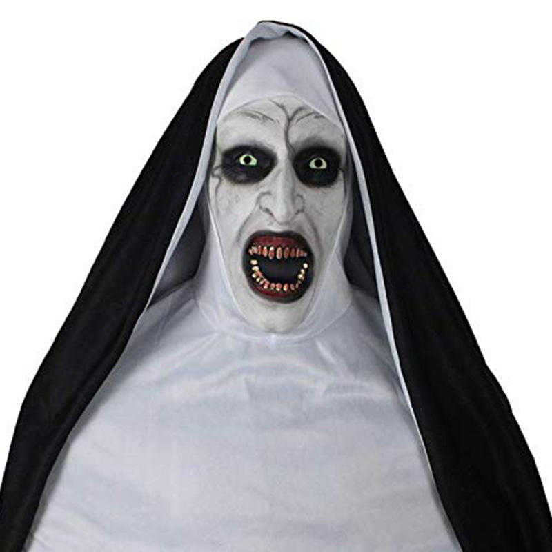 Glowing horror nun mask with green eyes for Halloween