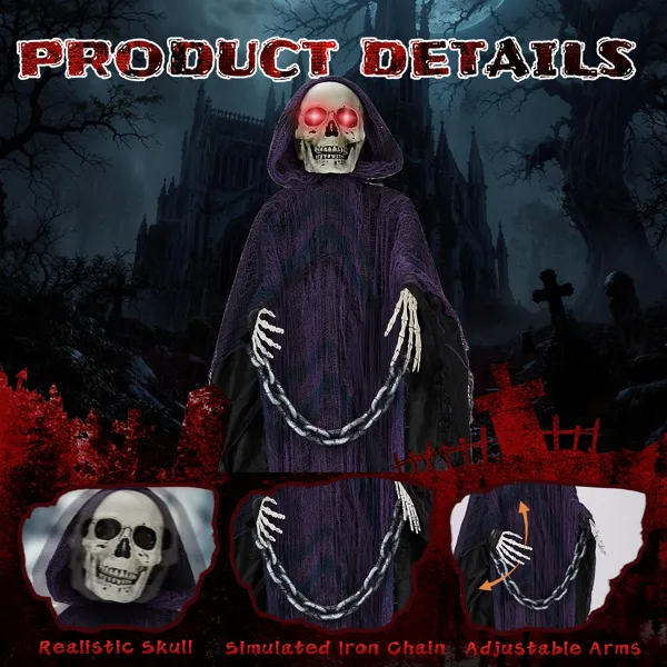 Grim Reaper details including realistic skull, simulated iron chain, and adjustable arms