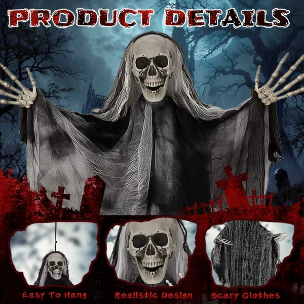 Close-up product details of hanging Grim Reaper Halloween decoration