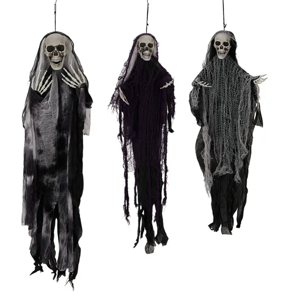 Three hanging Grim Reaper skeleton Halloween decorations on white background