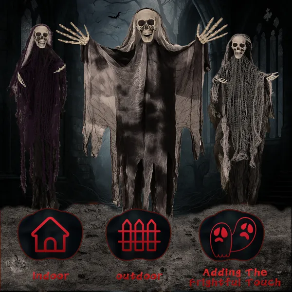 Three oversized hanging Grim Reaper Halloween decorations in haunted archway scene