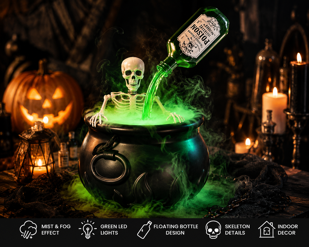 Haunted Witch Cauldron with skeleton, green LED mist and floating potion bottle Halloween decoration