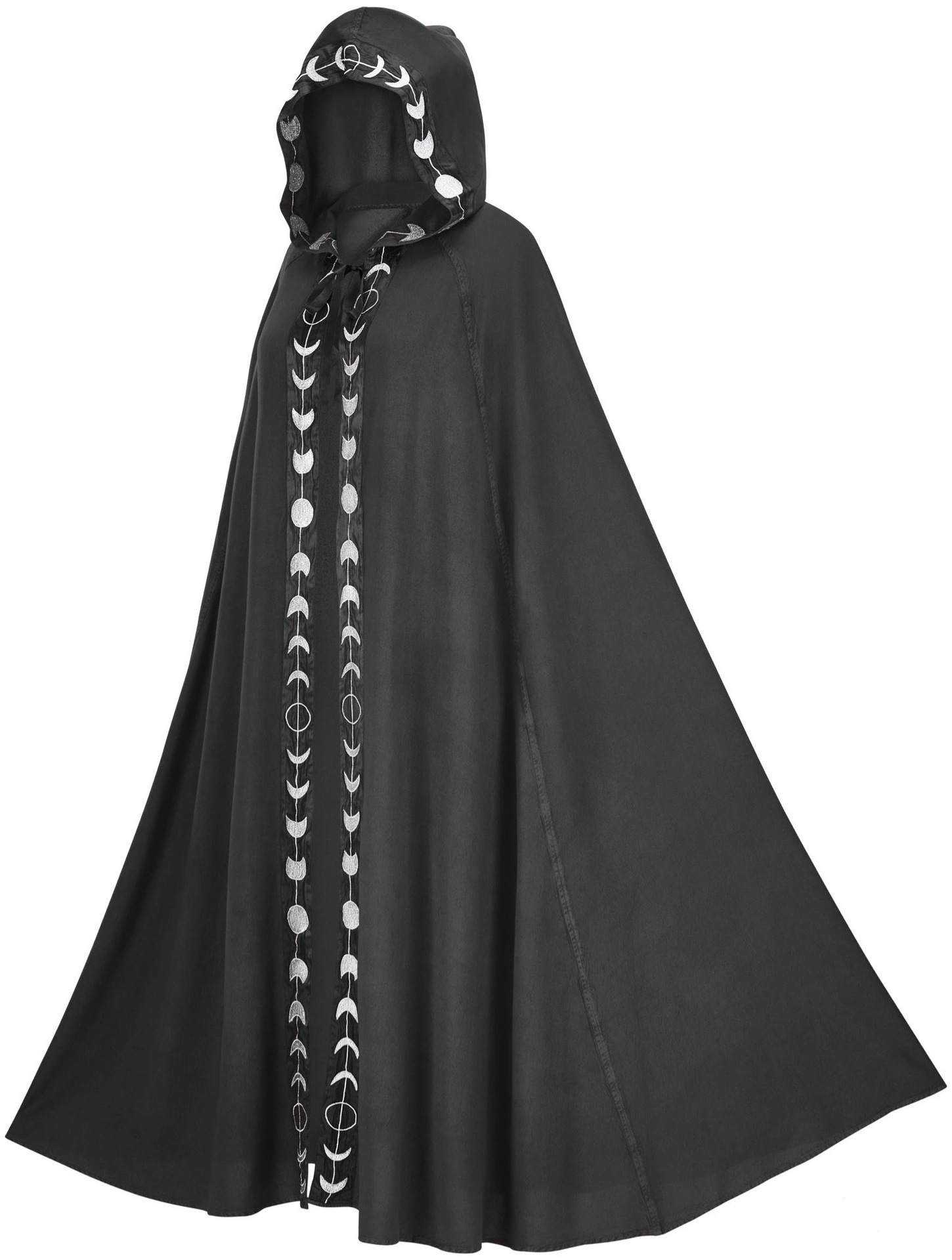 Black medieval hooded cloak with moon phase trim