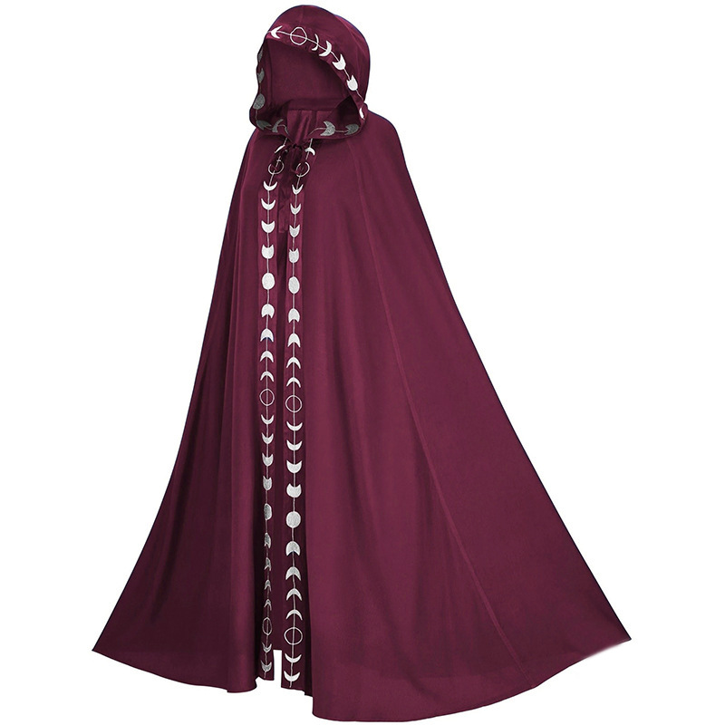 Burgundy red medieval hooded cloak with moon phase trim