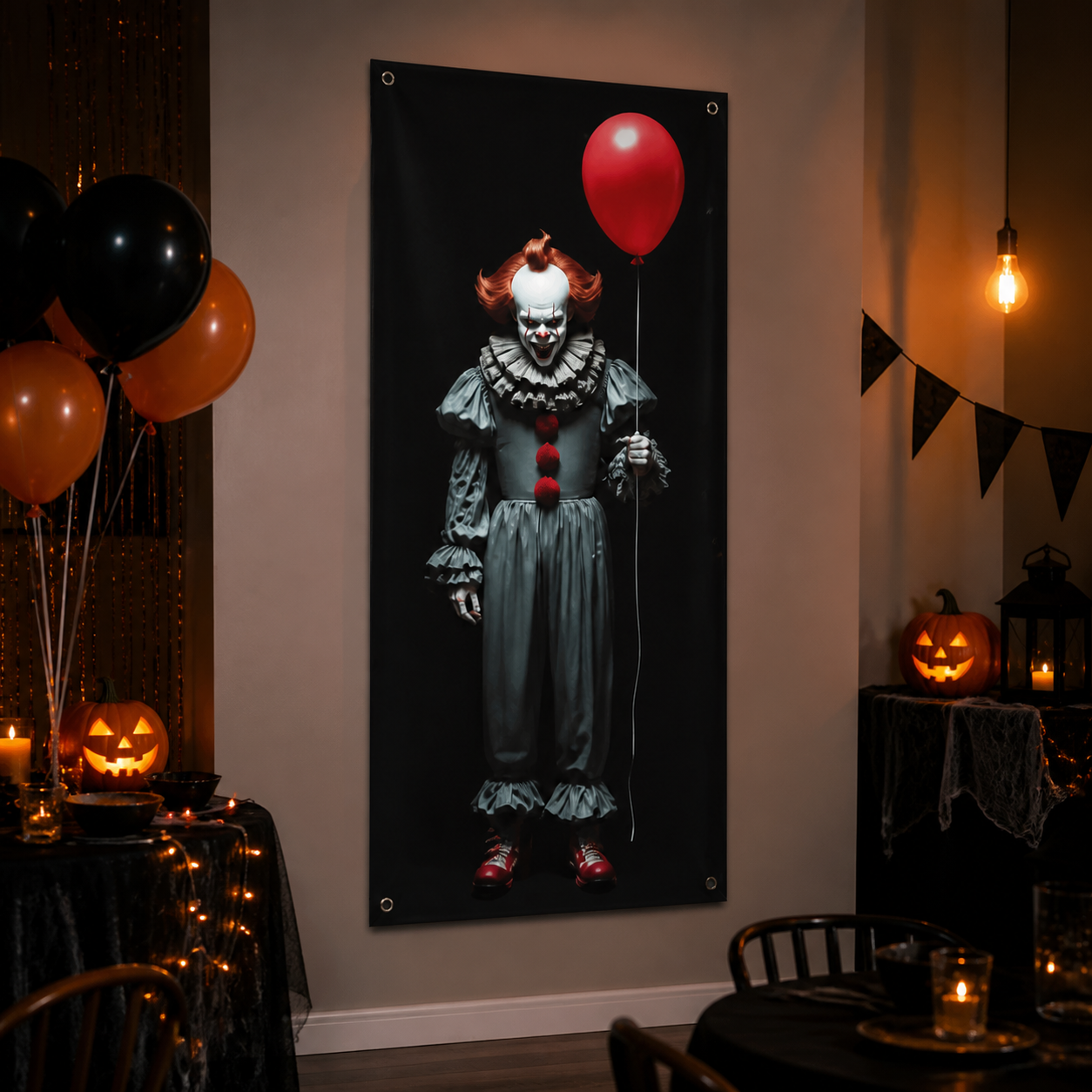 Red balloon horror clown fabric banner used as a Halloween party backdrop