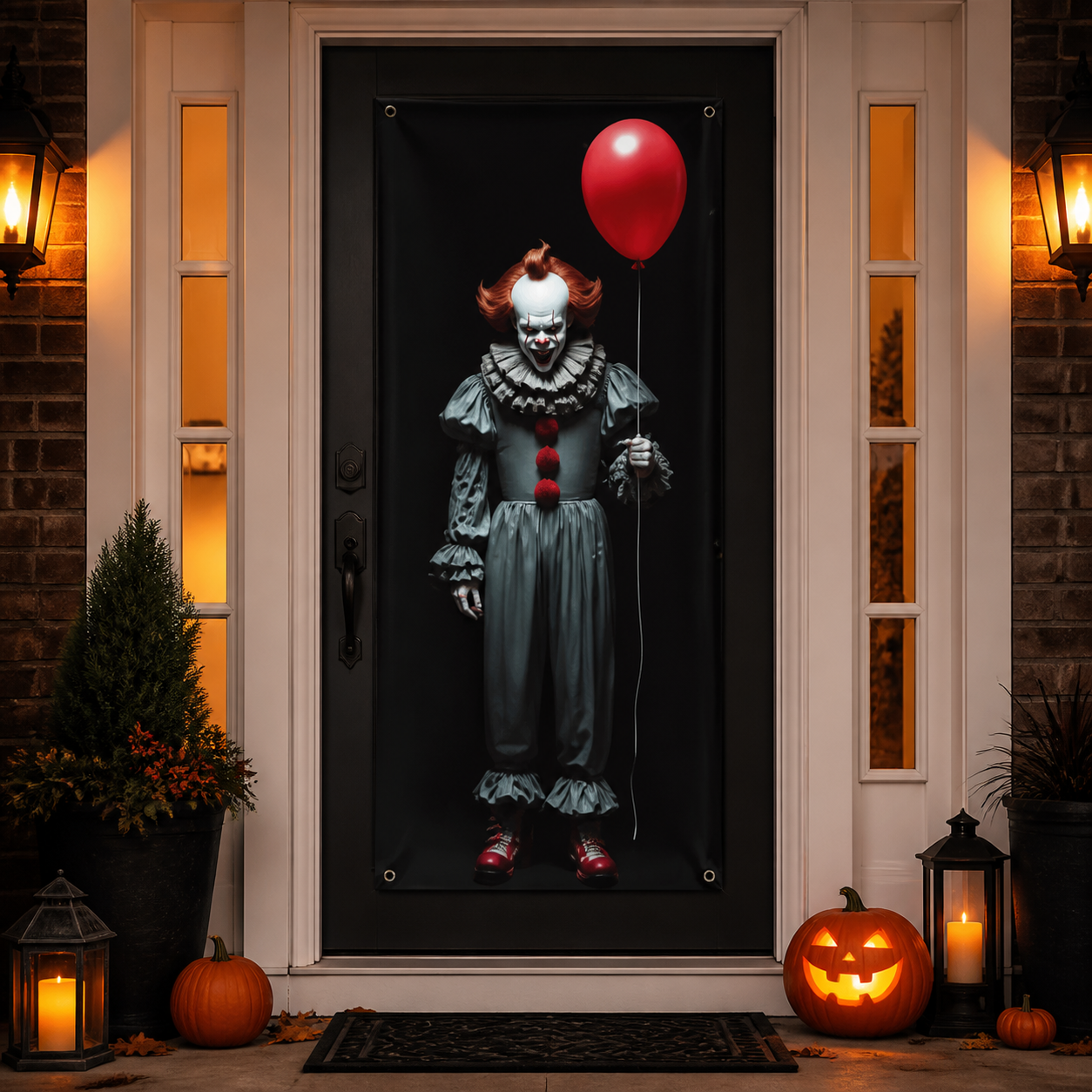Red balloon horror clown Halloween door banner on a decorated front porch
