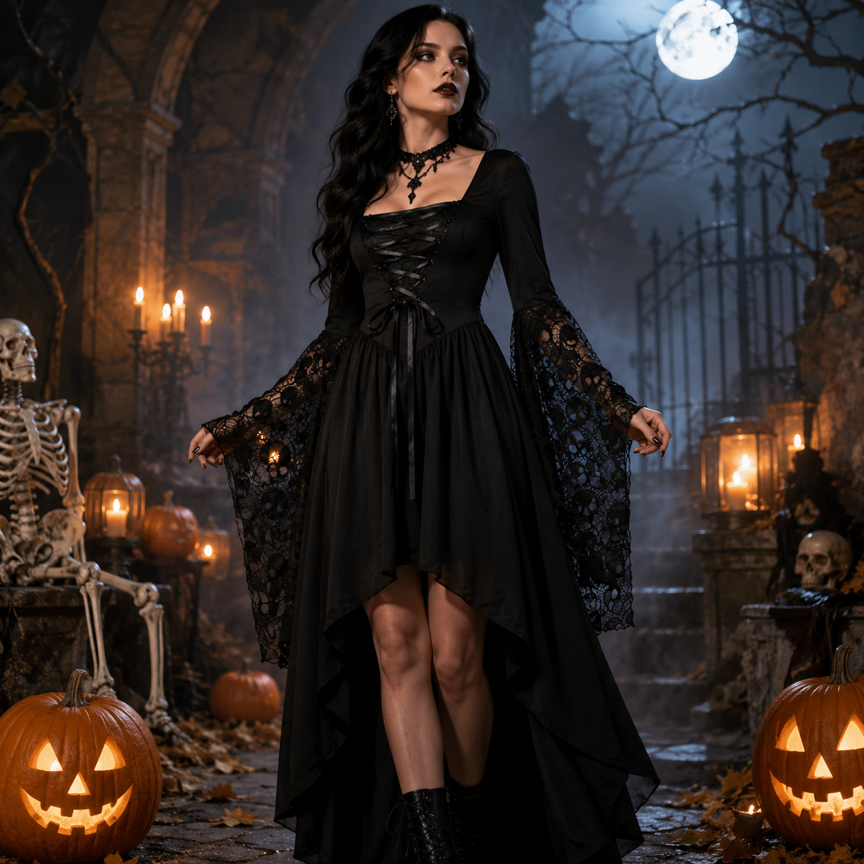 Gothic Lace Bell Sleeve High-Low Dress – Black