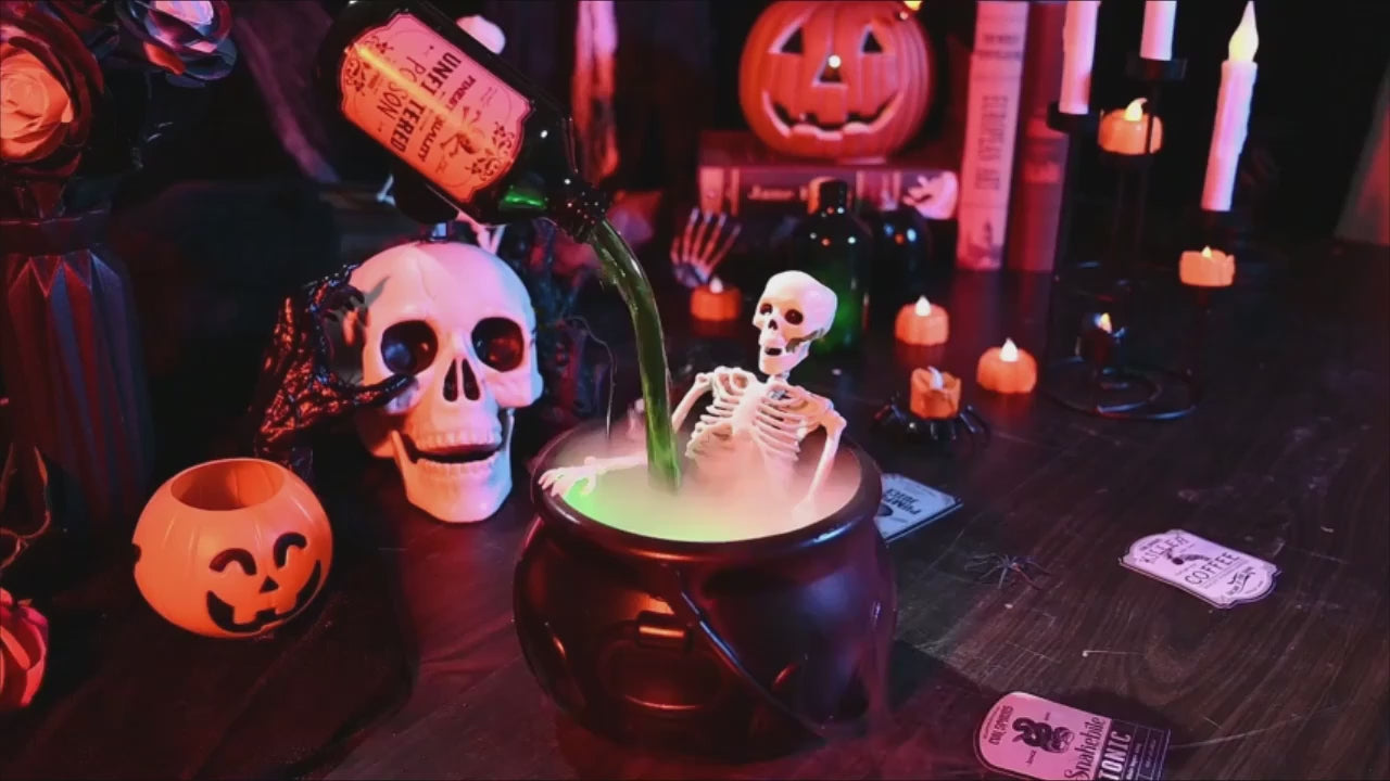 Haunted Witch Cauldron with Skeleton – LED Fog Mist Halloween Decoration
