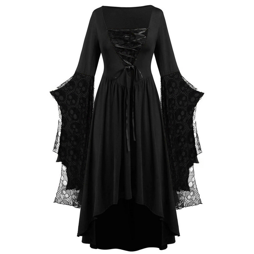 Gothic Lace Bell Sleeve High-Low Dress – Black